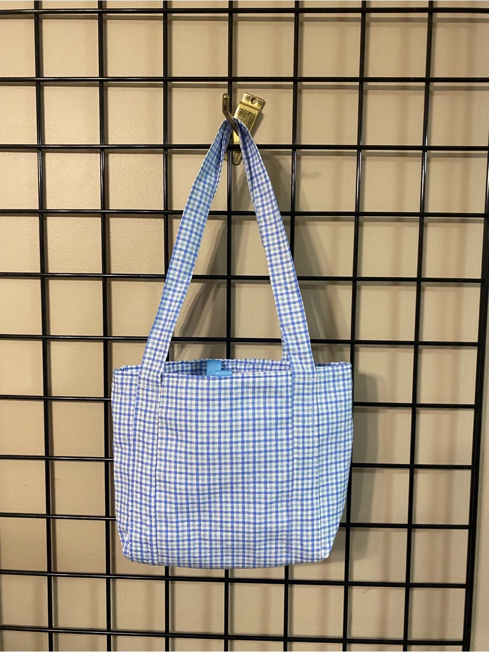 Light Blue Gingham Tote Bag with Shoulder Straps